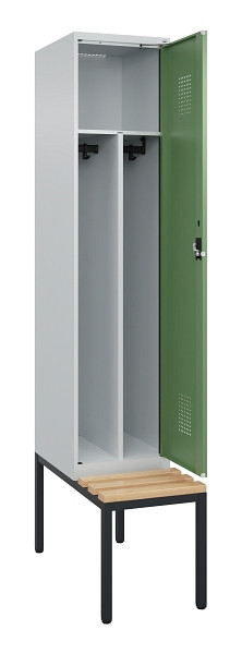 C+P Spind Evolo PLUS, 1 Abteile, 2120x400x815mm, 7035/6011, Haken 4, Zylinderschloss, Sitzfläche Buche-Hartholz, Sitzbank, Trennwand, 0490507-12F S10037