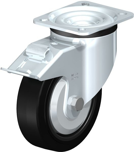 Blickle LK-POEV 125R-1-FI-FA Stahlblech-Lenkrolle, schwere Ausführung, mit Anschraubplatte & Feststeller, Elastik-Vollgummi, Schwarz, 740467