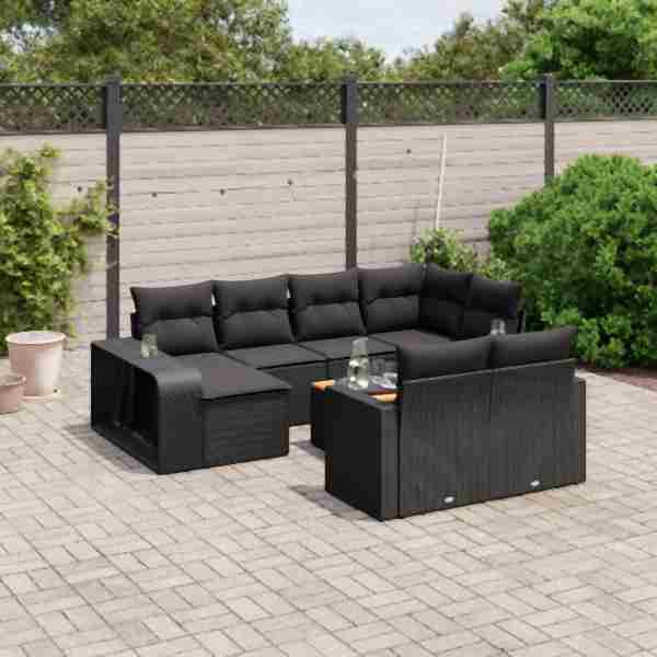 vidaXL 11-tlg. Garten-Sofagarnitur mit Kissen Schwarz Poly Rattan, UV-beständig, 3261305