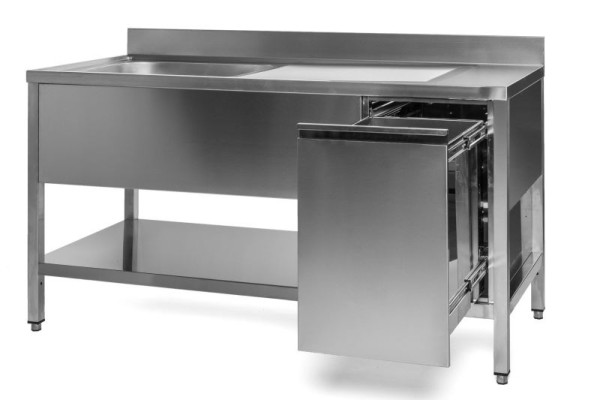 A&S Gastro Spültisch mit Abfallbehälter, 1 Becken links, Bautiefe 600 mm, 100x600x850 mm, SPT1061BL-A