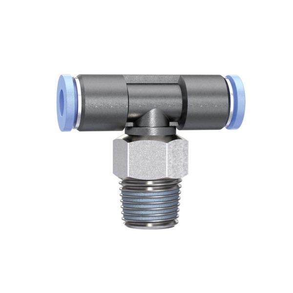 Riegler T-Steckverschraubung »Blaue Serie« mini, drehbar, R 1/8, für Schlauch-Außen-Ø 4 mm, pmax 10 bar, Kunststoff/Messing vernickelt, 148849