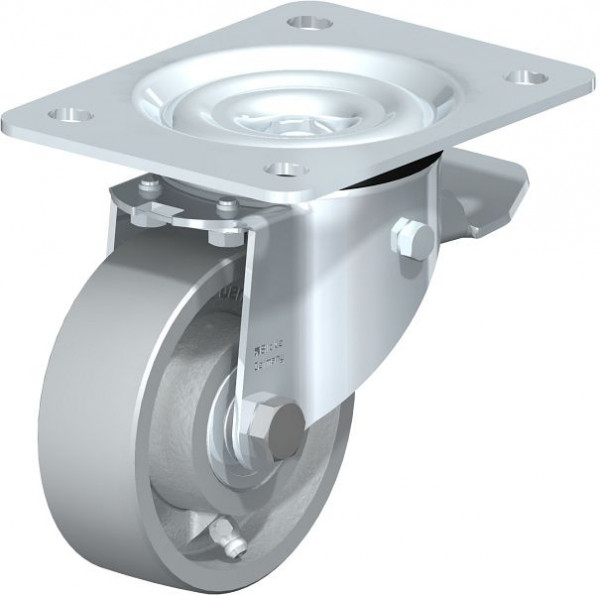 Blickle LK-G 100K-3-ST Stahlblech-Lenkrolle, schwere Ausführung, mit Anschraubplatte & Feststeller, Guss, Grau, 853067
