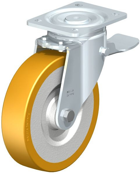 Blickle LH-SETH 200K-ST Stahlblech-Lenkrolle, Schwerlast-Ausführung, mit Anschraubplatte & Feststeller, Blickle Extrathane®, Hellbraun, 51607