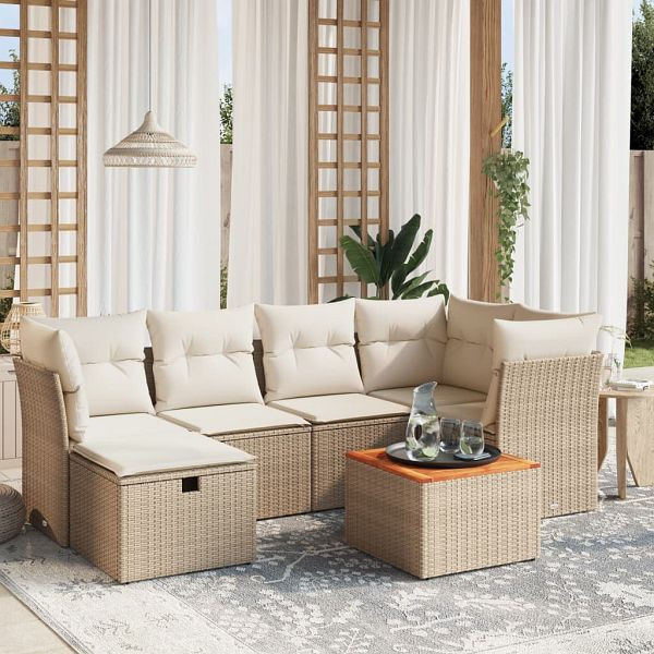 vidaXL 7-teilig Garten-Sofagarnitur mit Kissen Beige Poly Rattan, 3264726