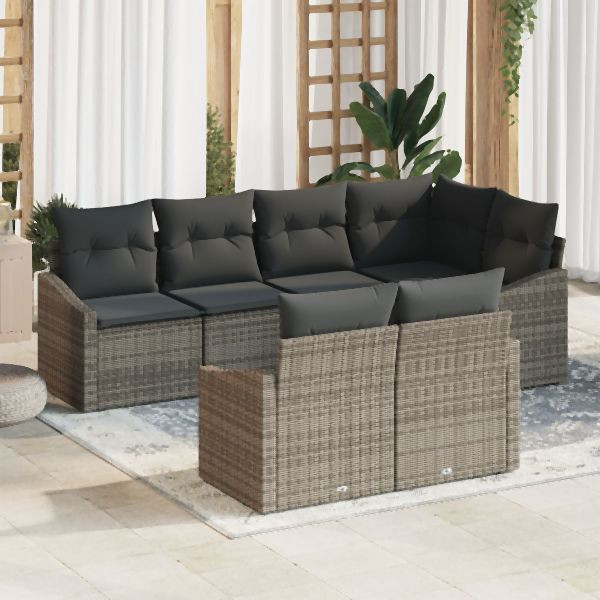 vidaXL 7-teiliges Garten Essgruppe mit Kissen Grau Poly Rattan, 3355428