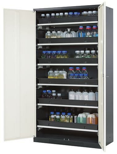 asecos Chemikalienschrank Systema-T CS-106, Korpus anthrazit, Flügeltüren weiß, 6 Tablarauszüge, 209098