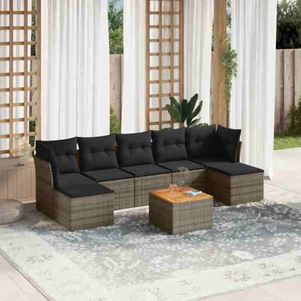 vidaXL 8-tlg. Garten-Sofagarnitur mit Kissen Grau Poly Rattan, UV-beständig, 3256109
