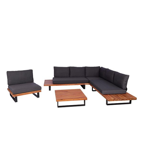 Mendler Garten-Garnitur mit Sessel HWC-H54, Lounge-Set Sofa, Spun Poly Akazie Holz FSC® Aluminium, braun, Polster dunkelgrau, 98273+98274+98526+101474