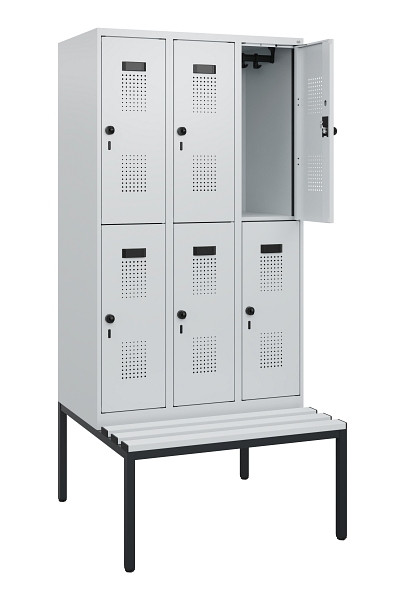 C+P Doppelstöckiger Spind Evolo PLUS, Bank, 6 Fächer, 1950x900x815mm, 7035/7035, Drehriegel, Sitzfläche Kunststoff, Sitzbank, 0493505-30 S10106