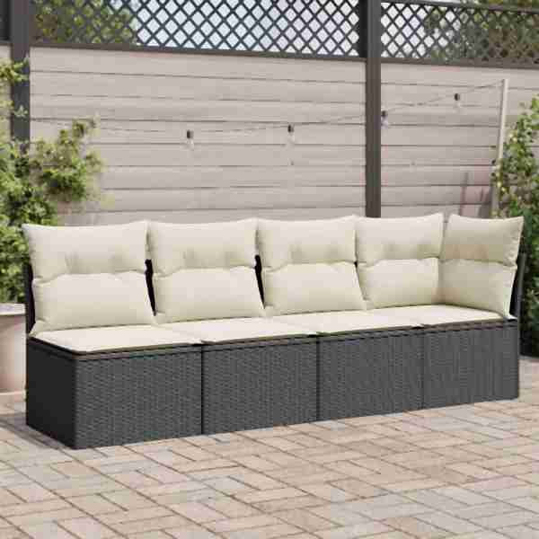 vidaXL Gartensofa mit Kissen 4-Sitzer Schwarz Poly Rattan, UV-beständig, 365999