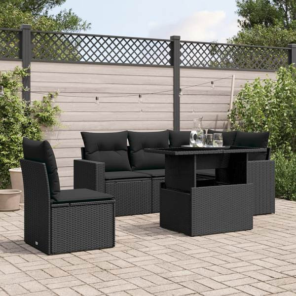 vidaXL 6-tlg. Garten-Sofagarnitur mit Kissen Schwarz Poly Rattan, UV-beständig, 3267275