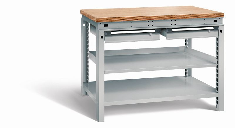 Otto Kind Werkbank Serie function Typ 209, Multiplexplatte 40 mm, bündig, 2 Schubladen 120 mm, komplett RAL 9006, 072339196