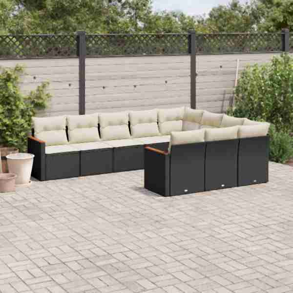 vidaXL 10-tlg. Garten-Sofagarnitur mit Kissen Schwarz Poly Rattan, UV-beständig, 3258738