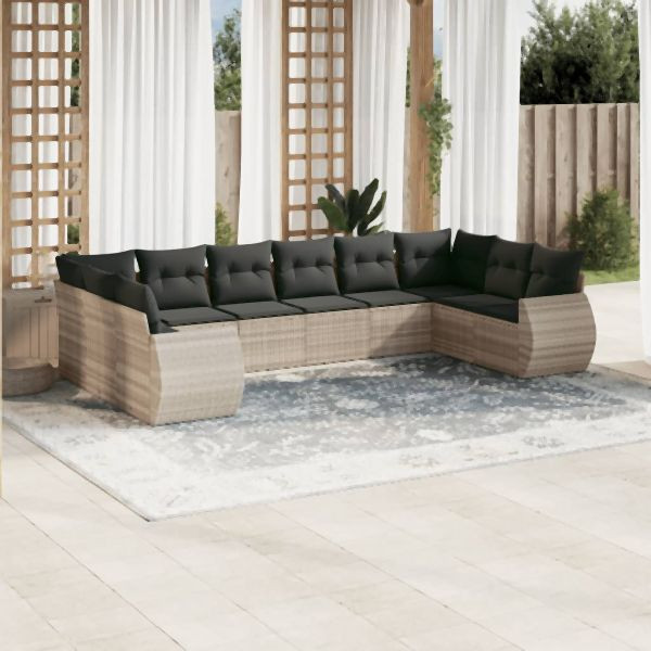 vidaXL 10-tlg. Garten-Sofagarnitur mit Kissen Hellgrau Poly Rattan, 3254209
