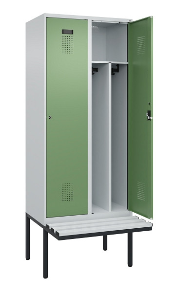 C+P Spind Evolo PLUS, 2 Abteile, 2120x800x815mm, 7035/6011, Haken 4, Zylinderschloss, Sitzfläche Kunststoff, Trennwand, 0490407-22F S10091