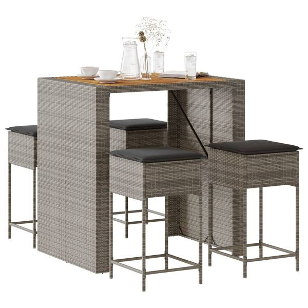 vidaXL 5-tlg. Gartenbar-Set mit Kissen Grau Poly Rattan, 3261516