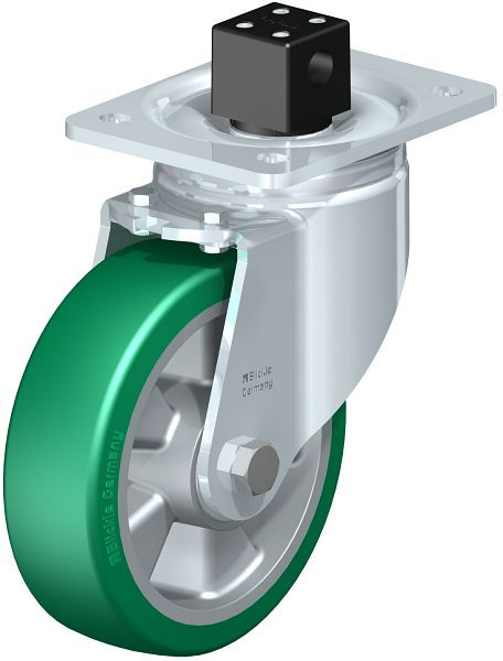 Blickle LH-ALST 160K-CS13 Stahlblech-Lenkrolle, Schwerlast-Ausführung, mit Anschraubplatte & Zentralfeststeller, Blickle Softhane®, Grün, 752164