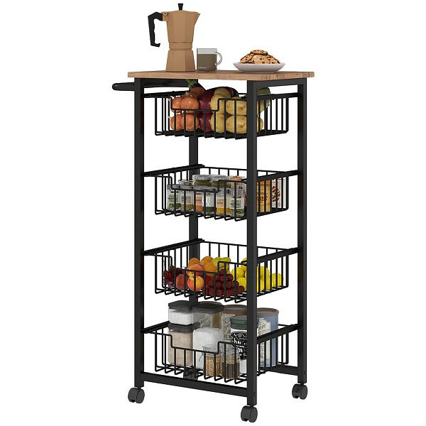 HOMCOM 4-stufige Küchenwagen auf Rädern, Rollbarer Servierwagen, Küchen-Trolley mit 4 Stahlkörben, Servierwagen, 801-379V01AK