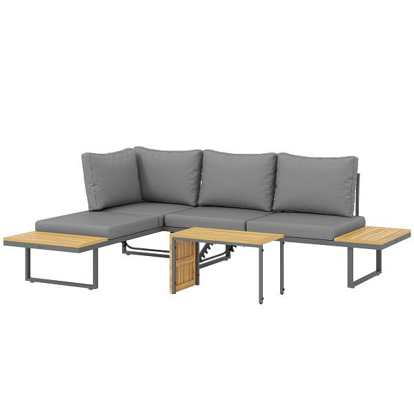 Outsunny Außenmöbel-Set, auf 6 Sitze erweiterbar, L-förmige Outdoor-Sitzecke mit Tischen, Stahlrahmen, verstellbare Lehnen, Grau, 84G-516V90GY