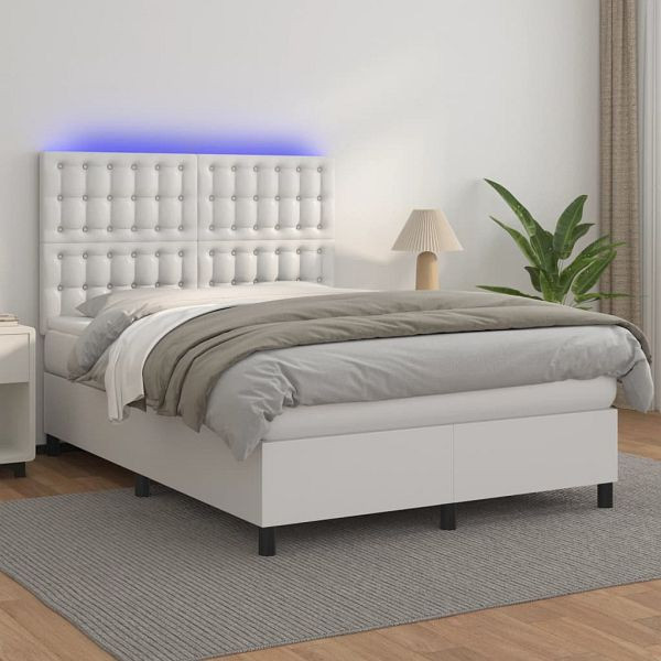 vidaXL Boxspringbett mit Matratze & LED Weiß 140x200 cm Kunstleder, 3135946