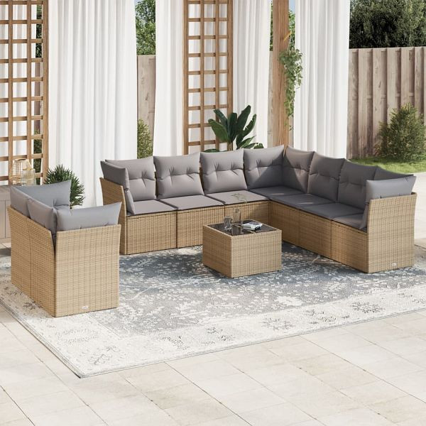 vidaXL 10-teilig Garten-Sofagarnitur mit Kissen Beige Poly Rattan, 3217849