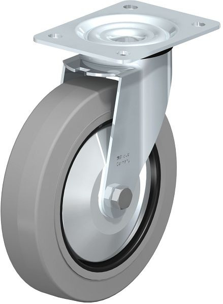Blickle LE-POEV 200XR-SG-FA Stahlblech-Lenkrolle mit Anschraubplatte, Elastik-Vollgummi, Grau, 850285