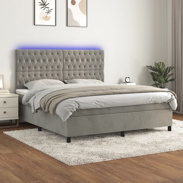 vidaXL Boxspringbett mit Matratze & LED Hellgrau 160x200 cm Samt, 3136311