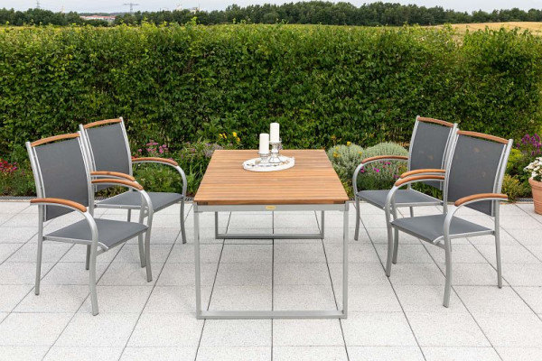 Merxx Siena Set 5-teilig, 4 Siena Stapelsessel, mit Akazienholzapplikationen, 1 Ausziehtisch, 150 (200) x 90 cm cm, Tischplatte aus Akazienholz, 50231-219