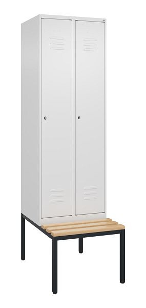 C+P Umkleidespind Classic PLUS mit Mitteltrennwand, Bank, 2 Abteile, 2120x600x815mm, 9016/9016, Zylinderschlösser, Buche-Sitzleisten, 0800507-20F S10058