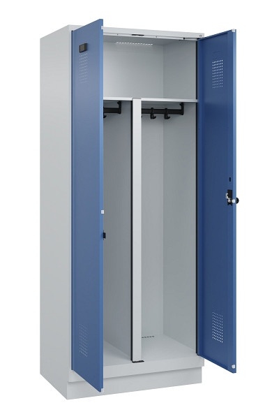 C+P PSA Schwarz-Weiß-Spind Evolo PLUS, mit Sockel, 2 Abteile, 1950x800x500mm, 70, Frontfarbe RAL 5023 Fernblau, Drehriegel, 049022-22P S10008