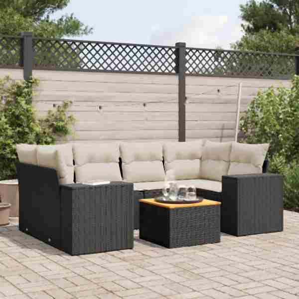 vidaXL 7-tlg. Garten-Sofagarnitur mit Kissen Schwarz Poly Rattan, UV-beständig, 3225342