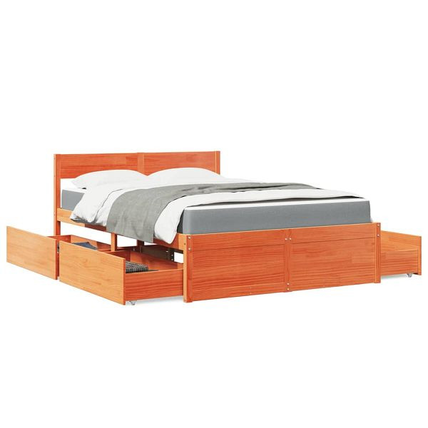 vidaXL Bett mit Schubladen und Matratze Wachsbraun 140x190 Massivholz, 3281912