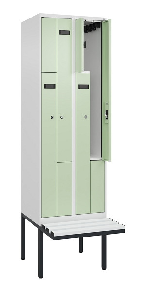 C+P Z-Spind Evolo PLUS, Bank, 4 Fächer, 2120x600x815mm, 9016/6019, Zylinderschloss, Material Sitzfläche Kunststoff, 0490437-204 S10100