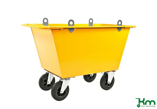 Kongamek Abfallwagen 300 l, 1150 x 730 x 860 mm, Gelb, 2 Bockrollen 2 Lenkrollen, mit Kranösen, KM143125-L