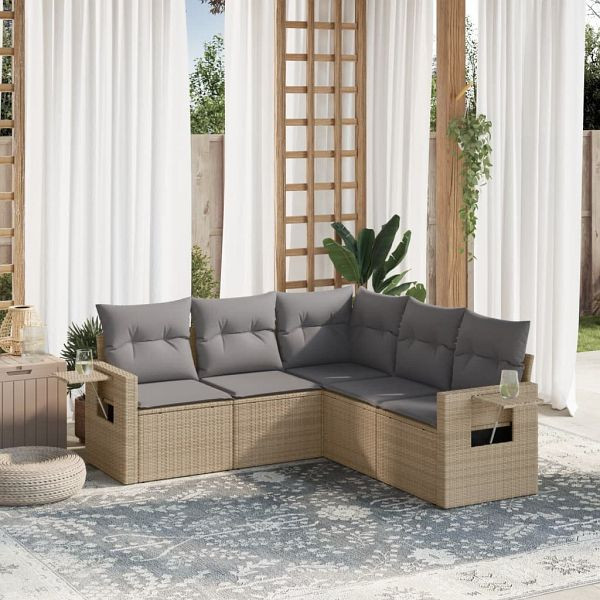 vidaXL 5-teilig Garten-Sofagarnitur mit Kissen Beige Poly Rattan, 3220148