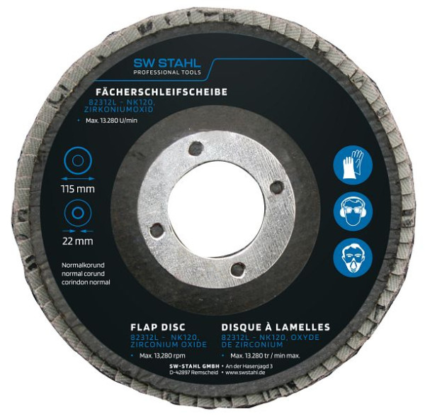 SW-Stahl Fächerschleifscheibe, Zirkoniumoxid, 115 mm, NK120, VE: 10 Stück, 82312L