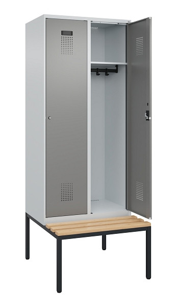 C+P Spind Evolo PLUS, 2 Abteile, 2120x800x815mm, 7035/0004, Haken 4, Zylinderschloss, Sitzfläche Buche-Hartholz, Sitzbank, 0490507-22 S10041