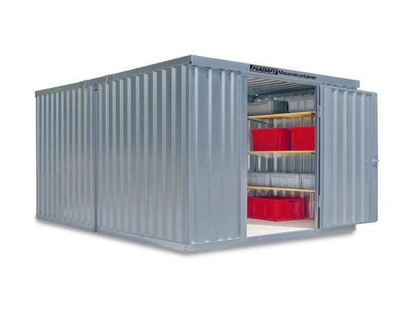 FLADAFI Materialcontainer-, Kombination MC 1340, verzinkt, zerlegt, mit Holzfußboden, 3.050 x 4.340 x 2.150 mm, Einflügeltür auf der 3 m Seite, F13400101