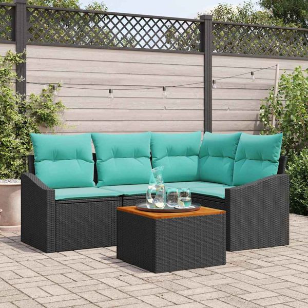 vidaXL Gartensofa-Set mit Kissen 5-teilig Schwarz Poly-Rattan, 3347830