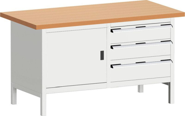 bott cubio Kastenwerkbank mit 3 Schubladen Tür, Ablage, Rotbuche-Arbeitsplatte BxTxH: 1500 x 750 x 840 mm, RAL 7035, 41002026.16V
