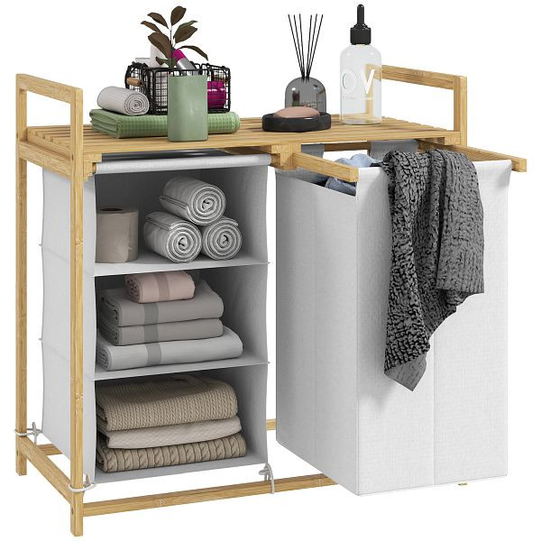 HOMCOM Wäschekorb mit Wäschesack, Stoffschublade, Bambus, 70x36x70 cm, Weiß/Holz, 850-328V00WT