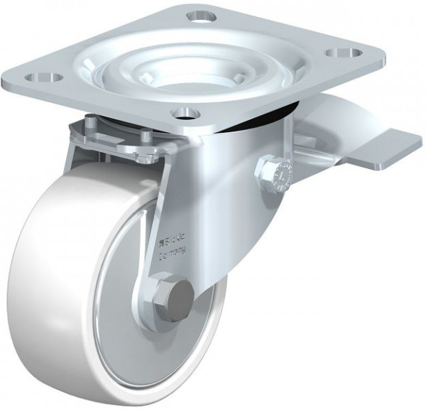 Blickle L-PO 75R-ST-FA Stahlblech-Lenkrolle, mittelschwere Ausführung, mit Anschraubplatte & Feststeller, Polyamid, Weiß, 311753