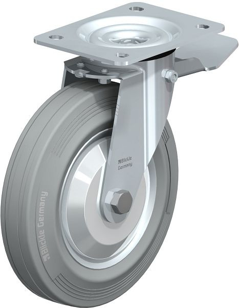 Blickle LE-VE 200R-ST-SG-FA Stahlblech-Lenkrolle mit Anschraubplatte & Feststeller, Vollgummi, Grau, 736173