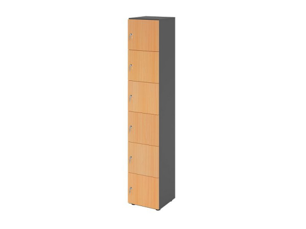 Hammerbacher Schließfachschrank schmal 6OH, 6 Türen mit Schloss, Korpus: Graphit, Türen: Buche, 40 x 40 x 215,6 cm (BxTxH), V264L6/G/6/DS
