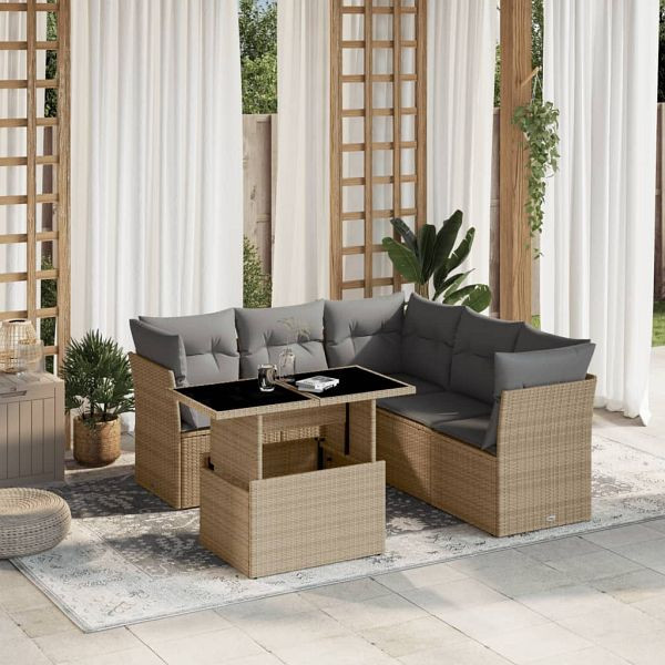 vidaXL 6-teilig Garten-Sofagarnitur mit Kissen Beige Poly Rattan, 3266579