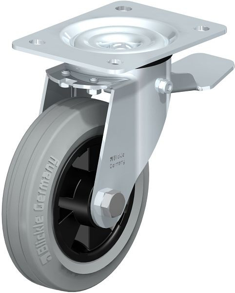 Blickle LE-VPP 150R-ST-SG Stahlblech-Lenkrolle mit Anschraubplatte & Feststeller, Vollgummi, Grau, 749728