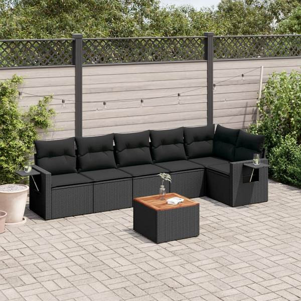 vidaXL 7-tlg. Garten-Sofagarnitur mit Kissen Schwarz Poly Rattan, UV-beständig, 3256902