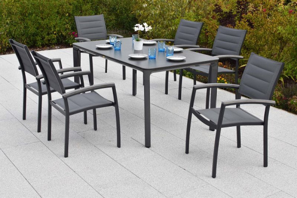 Merxx Pisa Set 7-teilig, graphit, 6 Stapelsessel, 1 Tisch 160 x 90 cm, Tischplatte in Steinoptik, Aluminiumgestell mit Kunststoff, 51096-217