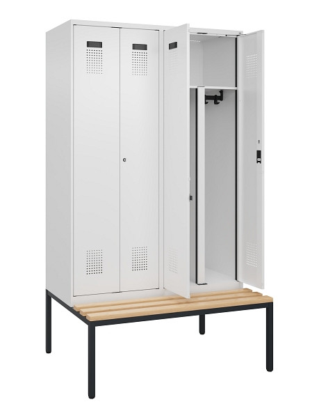 C+P PSA Doppel-Spind Evolo PLUS, Bank, 4 Abteile, 2120x1200x815mm, 9016/9016, Zylinderschloss, Sitzfläche Buche-Hartholz, Sitzbank, 0490527-40P S10047