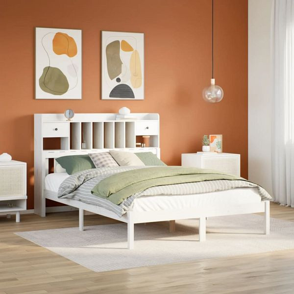 vidaXL Massivholzbett mit Regal ohne Matratze Weiß 150x200 cm Kiefer, 3322344